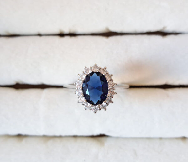 Sterling Silver & Sapphire blue cubic zirconia halo ring