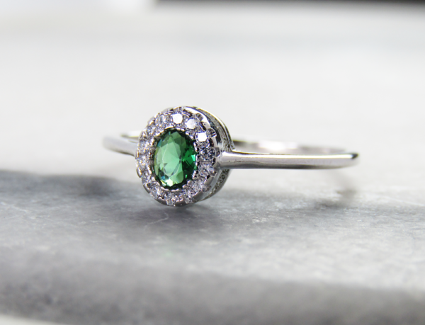 Sterling Silver Emerald Green Oval Halo Solitaire Ring